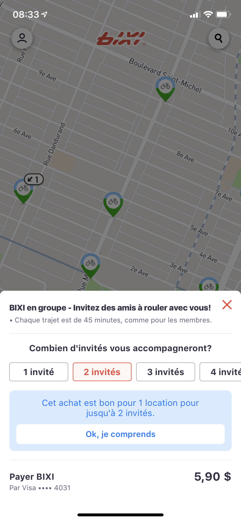 Capture d'écran BIXI en groupe sélection du nombre d'invités